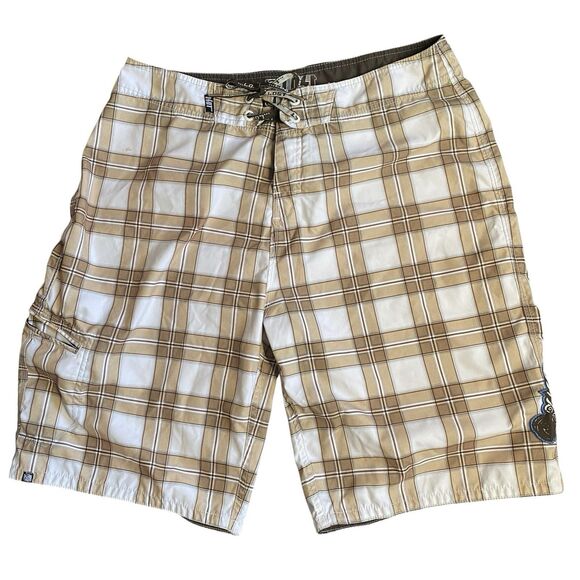 Lost Enterprises Board Shorts Plaid Crown Wings Embroidered Patches Men's Sz 36 - Picture 1 of 9